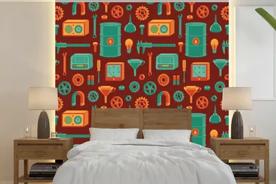 Produktbild von MuchoWow® Fototapete für Wohnzimmer oder Schlafzimmer Wandtapete Vinyl Motivtapete Muster - Retro - Werkzeuge - 350x350 cm - Schlafzimmertapete