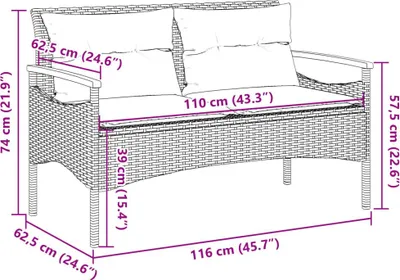 Productafbeelding van vidaXL Tuinbank met kussen, 116x62,5x74 cm, zwart, polyrotan