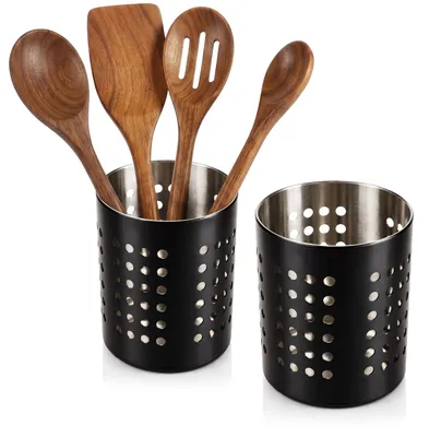 Produktbild von com-four® 2x Besteckabtropfkorb - Küchenutensilienhalter aus Edelstahl, schwarz