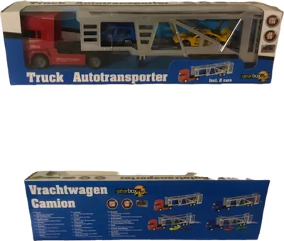 Produktbild von Autotransporter mit Rennwagen bestückt  Maßstab 1:32