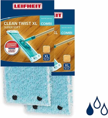 Two packages of Leifheit Clean Twist XL mop heads are shown, with one package partially obscuring the other. The packaging displays product images and text.