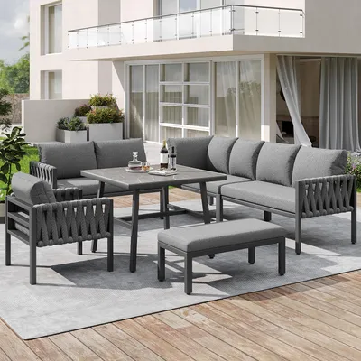 Produktbild von Seilgartenmöbelset – Ecksofa mit verzinktem Eisengestell, verstellbaren Beinen & Tischplatte aus gehärtetem Glas, inkl. aller Sitz- & Rückenkissen, Grau