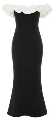 Produktbild von Ein langes, schulterfreies Abendkleid für Damen mit Rüschenausschnitt.