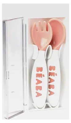 Produktbild von Beaba Ergonomisches Baby-Besteck für die zweite Phase, Löffel und Gabel mit Reiseetui, Rosa
