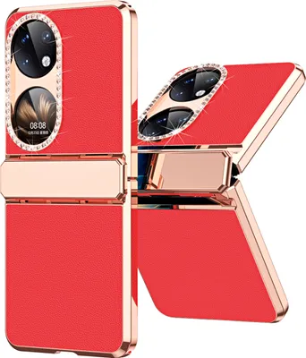 Produktbild von Handyhülle für Huawei P50 Pocket, Scharnierschutz, Luxus Galvanisierter Litschi Glänzender Diamant Schutzhülle Rot