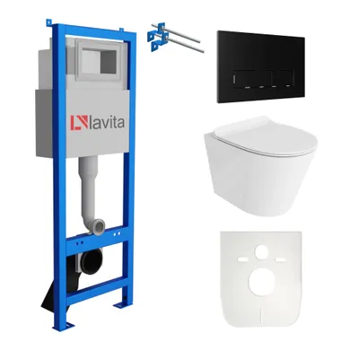 Produktbild von Lavita LAV 101 Vorwandelement für WC 40cm + Wand Hänge Tiefspül WC GALVE Weiß Spülrandlos + Bedienplatte LAV 200.3.4 Schwarz | Komplettset | Unterputz Spülkasten | Toilette Komplett Sett