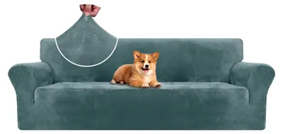 Produktbild von Samt Sofaüberzug für 4-Sitzer, elastischer Sofabezug, Couchüberzug für Haustiere, universeller Sofabezug, mit Armlehnen, rutschfester Sofaschoner, Grau Blau