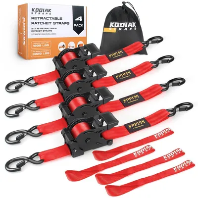 Immagine prodotto di Cinghie di tensionamento automatiche da 50 mm, lunghezza 3 metri, con ganci a S, capacità di carico 1360 kg, autoavvolgenti, confezione da 4 pezzi, colore rosso