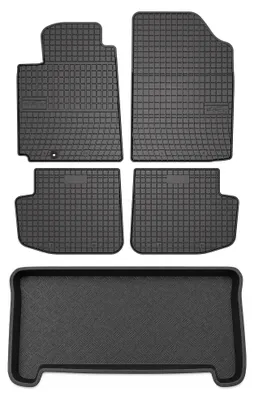 Image de Tapis en caoutchouc + bac de coffre pour Toyota Yaris I 1999-2005 – 5 pièces, noirs, sur mesure