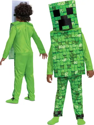 Two children wearing Minecraft Creeper costumes, one facing away from the camera and the other facing the camera.