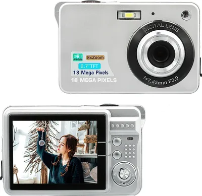A digital camera shown from the front and back, with a woman holding a decoration on the screen.