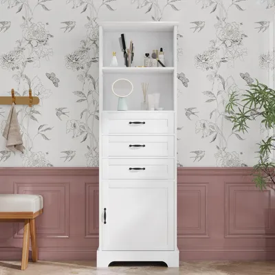 Zdjęcie produktu dla Szafka łazienkowa – wysoka szafka z 3 szufladami, otwartymi półkami i schowkiem, odporna na wilgoć, lakierowana, 56 x 25,6 x 167 cm, biała