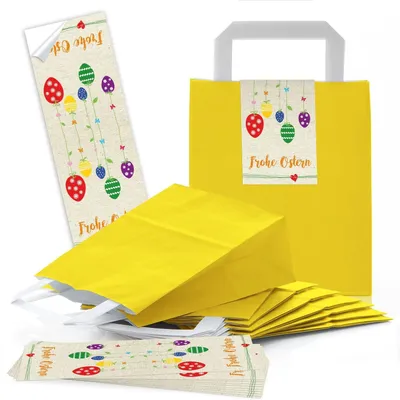 Produktbild von Logbuch-Verlag 10 gelbe Geschenktüten 18 x 8 x 22 cm + bunte Geschenkaufkleber Geschenkverpackung Mitgebsel Partytüte Kindergeburtstag Geburtstag Ostern OsternestOstereier bunt / 50 Stück