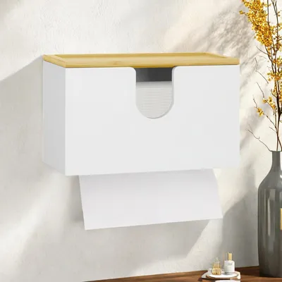 Image de Distributeur de serviettes en papier en bambou - Fixation murale avec couvercle - Blanc