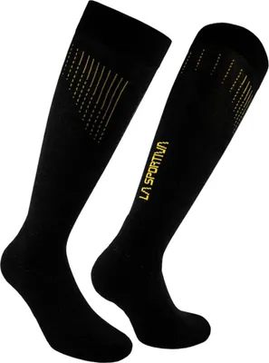 Schwarze kniehohe Socken mit gelben Linienmustern und gelbem Schriftzug La Sportiva