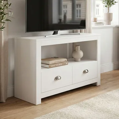 Image de Meuble TV FineBuy 85 x 58 cm avec deux tiroirs et un compartiment ouvert Meuble TV d'angle Meuble TV peu encombrant Commode TV