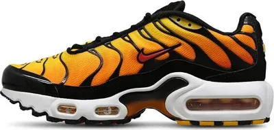 A side view of a Nike Air Max Plus TN sneaker with a sunset orange and yellow gradient design.