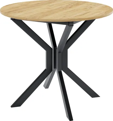 A round dining table with a wooden top and a black metal base, shown against a white background.