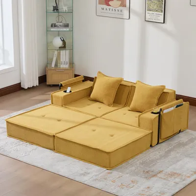 Immagine prodotto di LVHOM Divano modulare Divano a terra in ciniglia con portabevande, divano pieghevole estraibile Divano per bambini Poltrona letto per il pisolino, divano a 2 posti, giallo