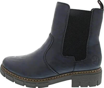 A single navy blue Chelsea boot is shown against a white background.