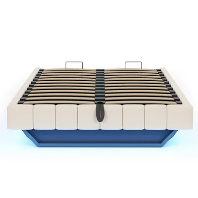 Produktbild von Merax Polsterbett Schwebebett 140x200cm mit LED, Doppelbett mit hydraulischem Stauraum, stabilem Metallrahmen, ohne Kopfteil, Leinenstoff Beige