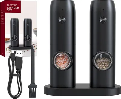 Produktbild von Salz und Pfeffermühlen Elektrische, 2er Set Wiederaufladbare Gewürzmühle mit Doppelter Ladestation, Bürste, LED-Licht, und Einstellbarer Grobheit