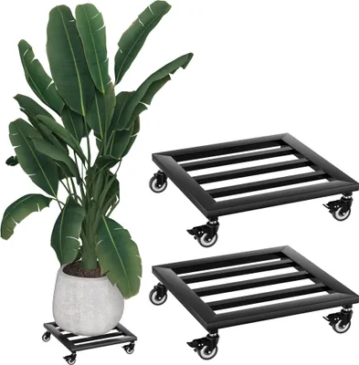 Produktbild von UISEBRT 2er Set Blumenroller Pflanzenwagen, quadratisch 30 cm, schwarz, mit Metall-PU-Rädern x4, für Garten und Balkon, Pflanzenträger, Blumenwagen
