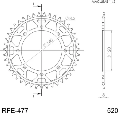 Productafbeelding van Staal kettingtandwiel Supersprox 520 - 43 tanden (zwart) RFE-477:43-BLK | Binnenmaat 120,0 mm, Buitenmaat 140,0 mm, 8 gaten