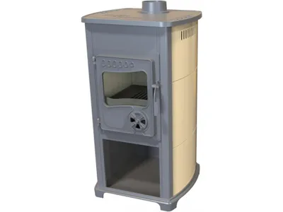 A freestanding stove with a cream-colored body and gray accents, shown against a white background.