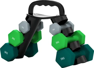 Zdjęcie produktu dla Zestaw hantli 6 hantli ze składanym stojakiem na hantle, 2 x 1kg, 2 x 3kg, 2 x 5kg hantle, kettlebell do fitnessu, gimnastyki, domu