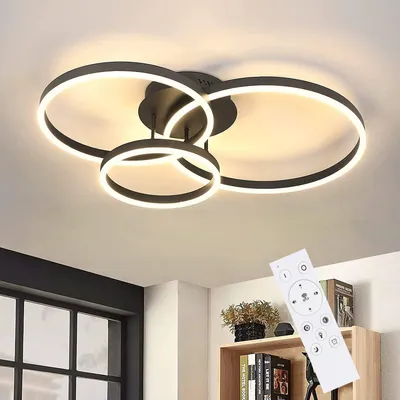 Image de ZMH Plafonnier LED pour salon dimmable avec télécommande Plafonnier à 3 cercles moderne en noir 74W