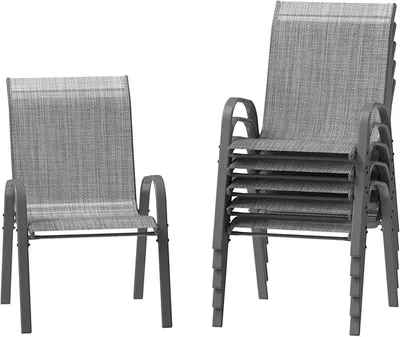 Productafbeelding van Tuinstoelen, stapelbaar, set van 6, hoge rugleuning, gemaakt van Textilene en een metalen frame, brede (55 cm) terrasstoelen/balkonstoelen met armleuningen, weerbestendig, afmetingen 60 x 72 x 96 cm, antraciet