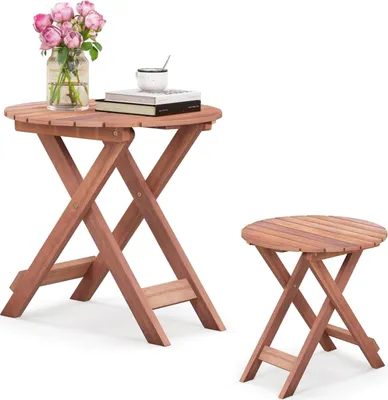 Immagine prodotto di KOMFOTTEU Tavolino pieghevole, tavolino da salotto in legno di acacia, per interni ed esterni, struttura a X, tavolino da salotto, per giardino, balcone, (rotondo, φ46 x 45 cm (H))