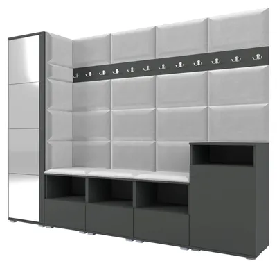 Productafbeelding van Garderobe NELA XI, 250 cm, modulaire entreekast, grafietkleur, met spiegel en zitkussen, lichtgrijs, set (groot)