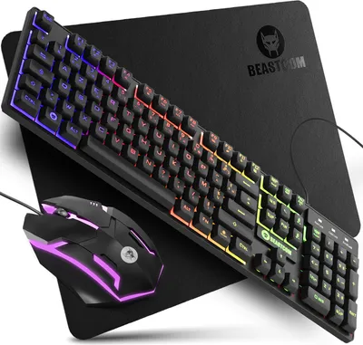 A gaming keyboard, mouse, and mousepad set with RGB lighting.
