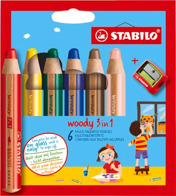 Immagine prodotto di Matita colorata, acquerello e pastello a cera - STABILO woody 3 in 1 - confezione da 6 con temperino - con 6 colori diversi