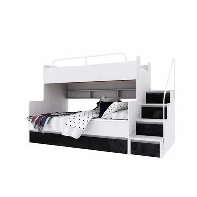 Produktbild von Marlux-Meble Hochbett Kinderbett JSM-3 mit Treppe 80x190 + 120x190 Hochglanz Kinderbetten Funktionsbett Etagenbett Stockbett Kinderhochbett Jugendhochbett (Schwarz Glanz)