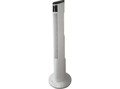 A white tower fan is shown against a white background.