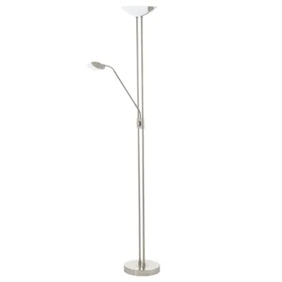 A modern floor lamp with two lights.
