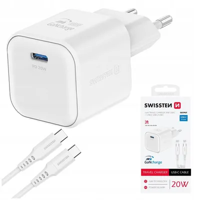 Zdjęcie produktu dla SZYBKA ŁADOWARKA SIECIOWA GaN 20W Power Delivery + kabel USB-C / USB-C