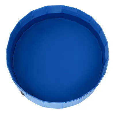 A top-down view of a blue, foldable dog pool.
