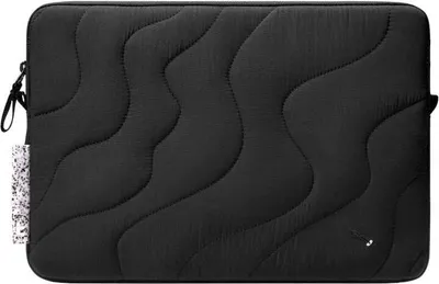A black laptop sleeve with a wavy quilted pattern.