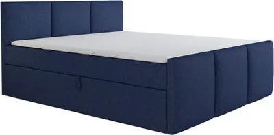 A blue upholstered boxspring bed with a white mattress and a three-panel headboard, shown against a white background.