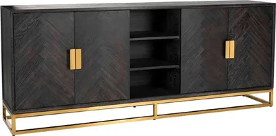 Image de Casa Padrino Luxe Sideboard Noir / Or 225 x 45 x H. 90 cm - Armoire en bois massif avec 4 portes - Meubles de salon - Meubles d'hôtel - Collection de luxe