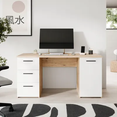 Produktbild von Forte NET307 Schreibtisch 140, moderner Schreibtisch mit 3 Schubladen und 1 Schranktür, Holzwerkstoff, Weiß mit Artisan Eiche Holzdekor, 138,2 cm breit x 75,3 cm hoch x 60 cm tief
