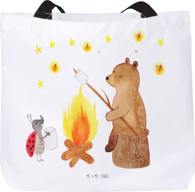 Produktbild von Mr. & Mrs. Panda Reisetasche Bär & Marienkäfer Lagerfeuer - Weiß - Geschenk, Tote Bag, Teddy, Tasche, Strandtasche, Beutel, Einkaufstasche