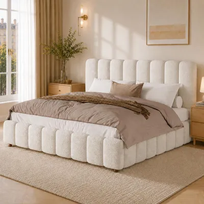 Produktbild von Polsterbett 180x200 cm mit gepolstertem Kopfteil, Lattenrost, vertikalem Streifen-Design und Massivholzbeinen, Weiß Bouclé, KI-generiertes Bild