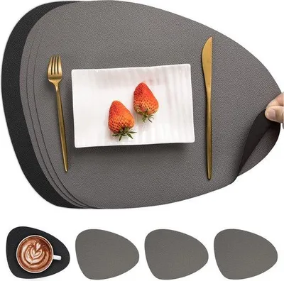 Immagine prodotto di Tovagliette e sottopiatti impermeabili, grigio-nero, set da 6 pezzi, forma rotonda e triangolare