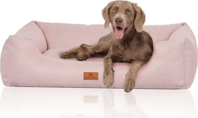 Produktbild von Cuddlewuff Hundebett Emma aus Velours mit handgewebtem Charakter in Pastellfarben XL 105 x 75cm rosa