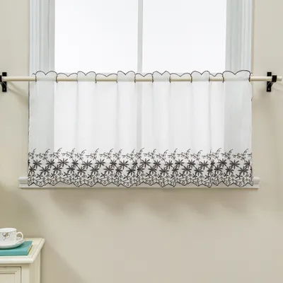 Produktbild von Scheibengardine Stickerei Voile Bistrogardinen mit Lochleiste Kurzgardine, Grau BxH 120 x 45 cm